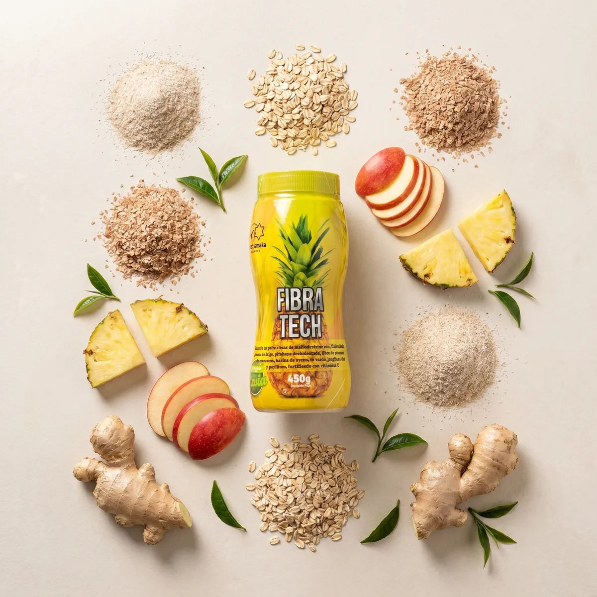 Fuentes de fibra: psyllium, avena, manzana y piña